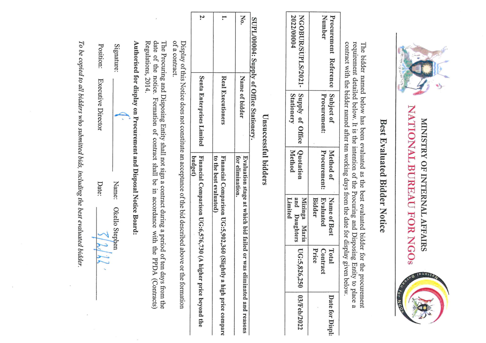 BEST BIDDER NOTICE